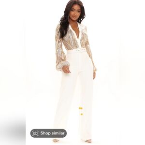 Fashion Nova Gold and White Wide Leg Jumpsuit